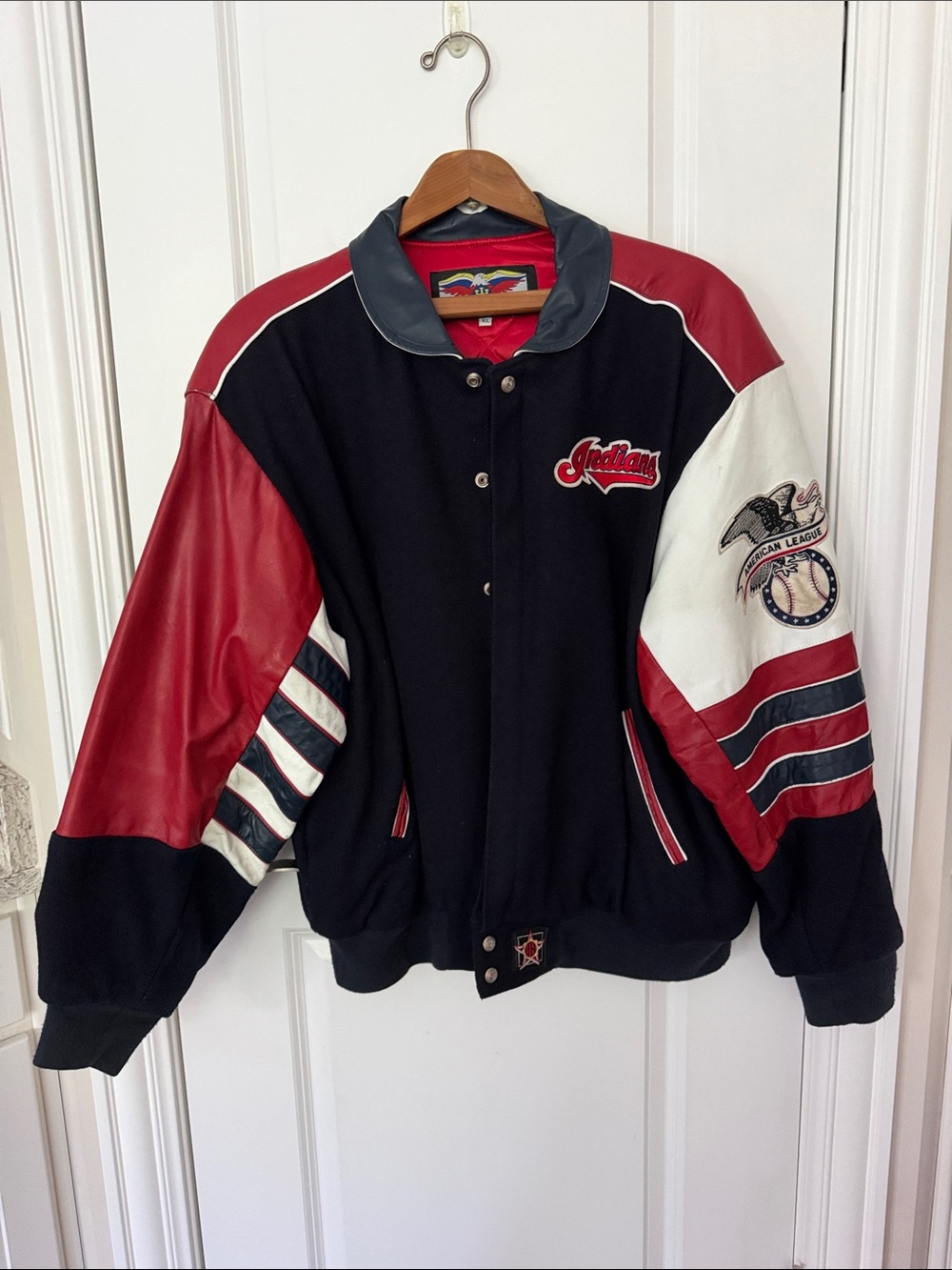 Vintage JH Indians Red, White & Blue Leather & Wool Varsity Jacket